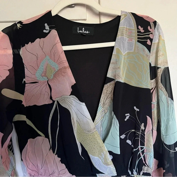 Lulus Wondrous Water Lilies Maxi Dress black floral print High Slit Size Large - Picture 3 of 11